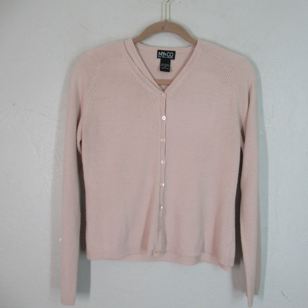 NY & Co Cardigan Sweater Top Set M Sofl Blush Pink Button Pullover Vneck ShtSlv
